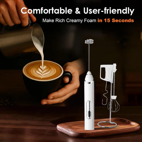 Miniatura 2 de Espumador de leche de mano con soporte, varita espumadora de café recargable con 3 cabezales desmontables de acero inoxidable, mezclador eléctrico
