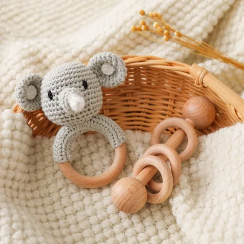Miniatura 13 de Sonajero de madera para bebé,Sonajero de conejo de ganchillo con anillo de madera, Juguete de sonajero de animales de madera para recién Conejito-1