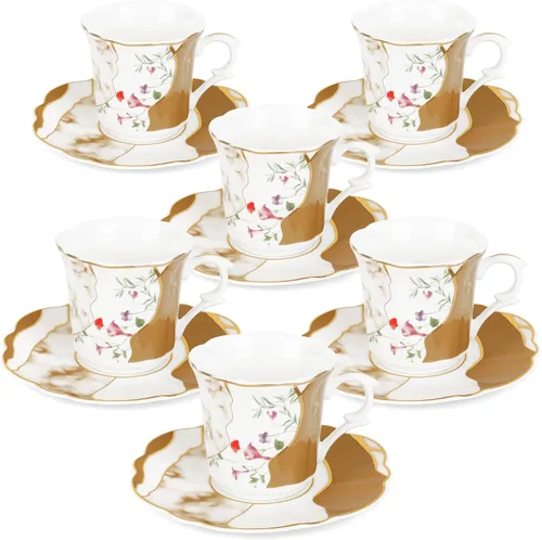 fanquare Juego de 6 mini tazas de café de 2.7 onzas para expreso, tazas de té de porcelana floral con patrón de mármol, tazas y platillos de