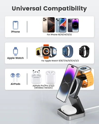 Miniatura 2 de Cargador inalámbrico 3 en 1 para iPhone, estación de carga inalámbrica rápida de 15 W compatible con cargador Mag-Safe, cargador de viaje plegable