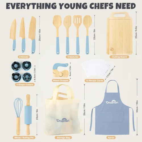 Miniatura 4 de Juego de Cocina de Madera para Niños de 29 Piezas, Herramientas de Cocina y Hornear Montessori para Niños Pequeños para Cocina Real, 3 Cuchillos