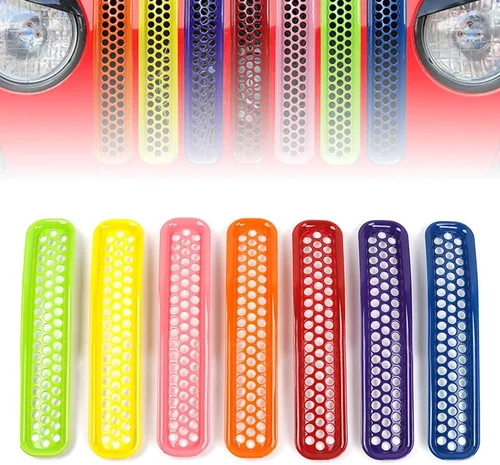 Juego de 7 insertos de malla de rejilla frontal de ABS, kit de molduras compatibles con Jeep Wrangler TJ y Unlimited 1997-2006 (colorido con panal
