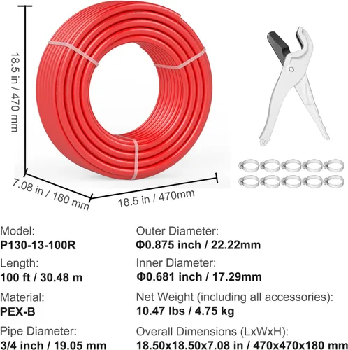 Miniatura 7 de VEVOR - Tubo PEX-B de 3/4 pulgadas x 100 pies, tubo de tubería flexible sin barrera de oxígeno, rojo para calefacción por suelo radiante hidronico