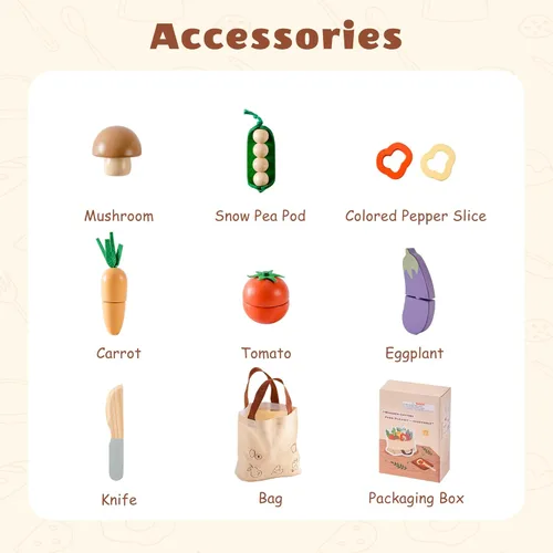 Miniatura 4 de ROBOTIME Juego de Comida de Juguete de Madera para Cortar Verduras, Juguete de Comida de Simulación para Cocina de Juguete con Bolsa de Compras