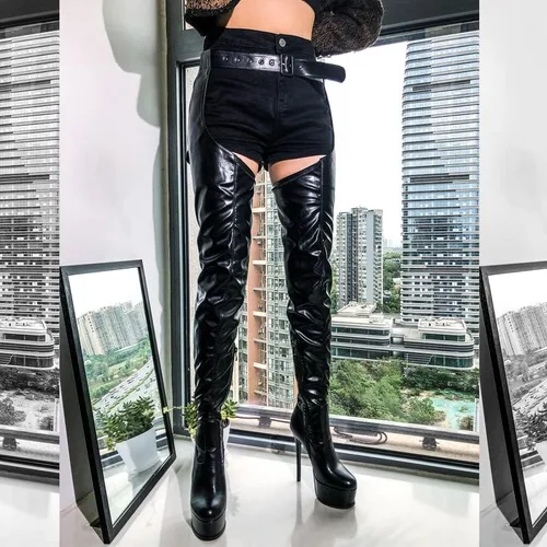 Miniatura 4 de Botas altas hasta el muslo sexy para mujer, con plataforma con cinturón, a la moda, sobre la rodilla, tacones de aguja, botas largas