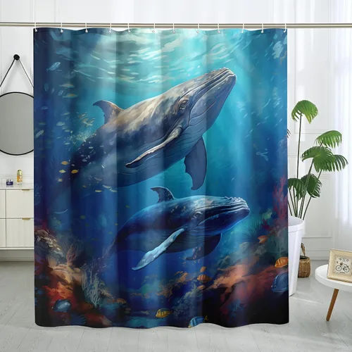 Miniatura 21 de Juego de cortinas de ducha de ballena azul, divertidas cortinas de ducha de dibujos animados de océano para baño, decoración de baño para niños