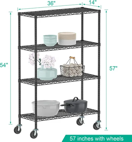 Miniatura 3 de Folews Estantería de Almacenamiento de 4 Niveles con Ruedas, Estantes Rodantes de Almacenamiento de Metal con Capa Ajustable, Estante de Acero