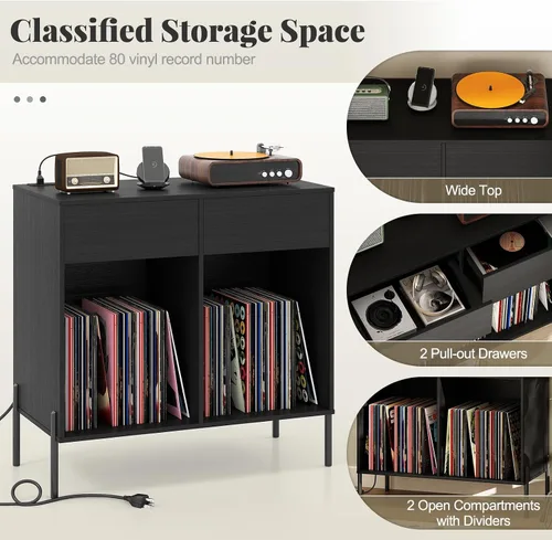 Miniatura 5 de Giantex Soporte grande para tocadiscos con estación de carga, soporte giratorio de madera de mediados de siglo con 2 cajones de almacenamiento