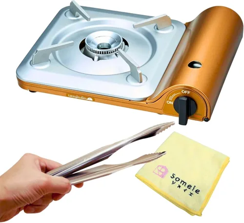 Estufa de butano portátil Iwatani "Tatsujin" Slim CB-TS-5 y pinzas inoxidables y toalla de microfibra - Fabricado en Japón | Estufa de butano de un