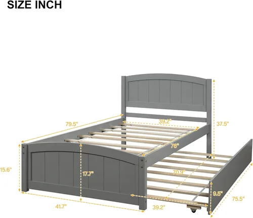 Miniatura 2 de Cama individual con nido, marco de cama de madera con cabecero y estribo, plataforma de madera para niños, niñas, niños, adolescentes y adultos, gris
