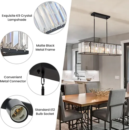 Miniatura 8 de Siljoy Candelabro rectangular moderno de cristal, 5 luces, color negro, rectangular, con forma de gota de lluvia, lámpara de techo colgante lineal
