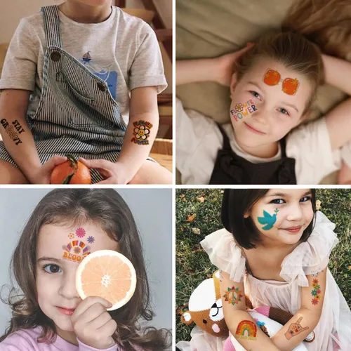 Miniatura 5 de CHARLENT Tatuajes temporales hippie para niños, 79 piezas Groovy 70s Flower Power Peace and Love Tattoos para niños y niñas, suministros de fiesta