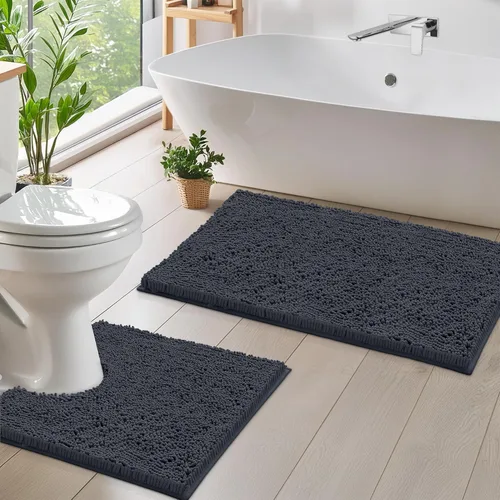 Miniatura 28 de LuxUrux Juego de 2 tapetes de baño de felpa extrasuave, material de microfibra de felpilla de 1 pulgada, color verde súper absorbente