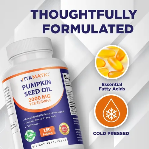Miniatura 4 de Vitamatic Aceite de semilla de calabaza 2000mg – 180 cápsulas blandas (paquete de 2-360 unidades)