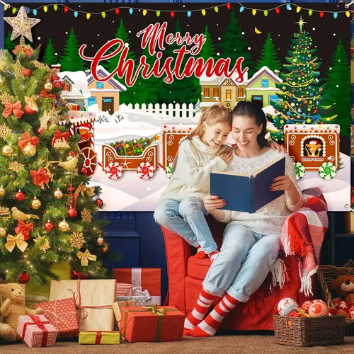 Miniatura 5 de Cartel de Feliz Navidad, extra grande, tela de Navidad, suministros de decoración de fiesta de Año Nuevo, suministros de tren de Navidad, cabina