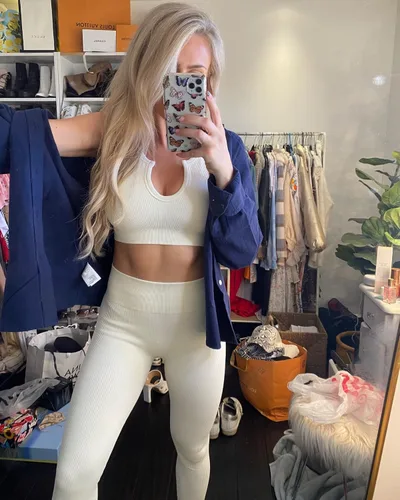 Miniatura 6 de QINSEN Conjuntos de entrenamiento para mujer, 2 piezas, acanalados, sin costuras, sin mangas, cintura alta, leggings de yoga
