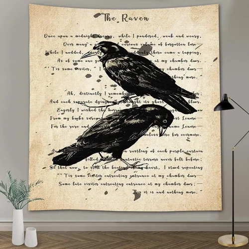 Miniatura 13 de FEASRT Tapiz gótico de calavera y cuervo, tapiz de pared The Raven Edgar Allan Poe, póster rústico de 51 x 60 pulgadas para sala de estar