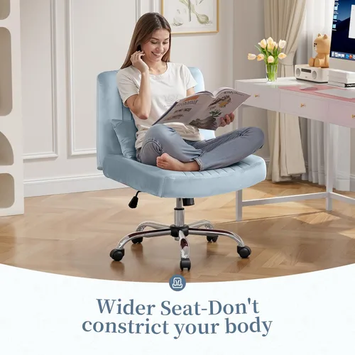Miniatura 3 de Silla de oficina cruzada con ruedas, silla de escritorio de terciopelo con patas cruzadas para dormitorio, silla de computadora sin brazos, moderna