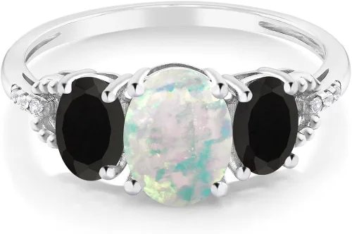 Miniatura 2 de Gem Stone King Anillo de compromiso de oro blanco de 10 quilates con ópalo blanco simulado de ónix negro y diamante con acento de 3 piedras