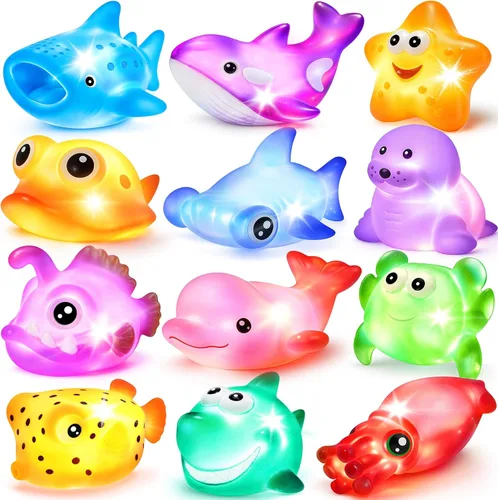 Juguetes de baño, juego de 12 piezas de animales marinos marinos iluminados, luz LED intermitente, juguetes de bañera flotante para bebés, niños