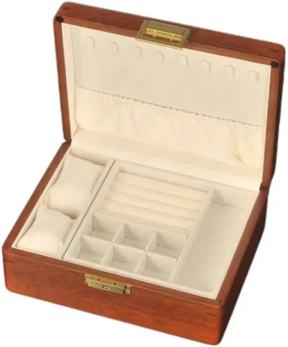 Miniatura 4 de Bescott Joyero de madera maciza de 2 capas con cerradura y llave para mujeres y hombres, organizador de joyas de madera de terciopelo vintage