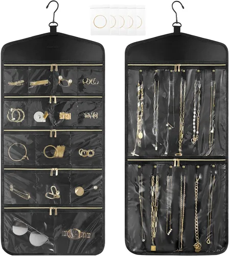 Miniatura 8 de CHICECO Organizador Soporte de Joyas de Viaje, Organizador de Joyas Colgante de Almacenamiento Con Bolsillos con Cremallera para Armario, Pared