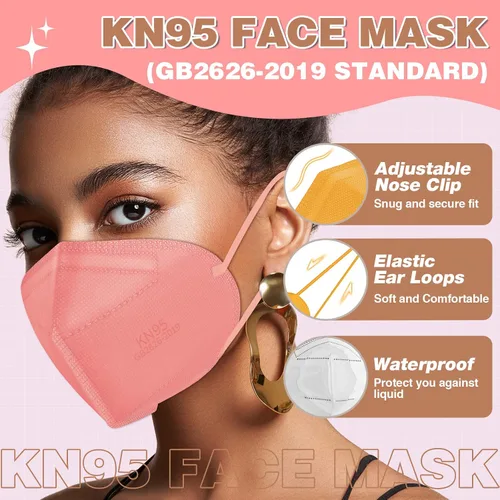 Miniatura 2 de XDX Mascarillas KN95, 60 mascarillas KN95 rosas envueltas individualmente para adultos, mascarillas transpirables de 5 capas desechables con negro