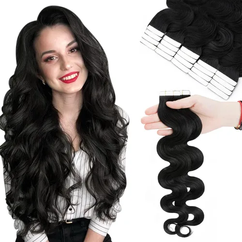 Hairro Extensiones de cabello humano adhesivas de 22 pulgadas de largo, ondulado, #1 negro azabache #1, 1.76 onzas, pegamento de trama de piel fina,