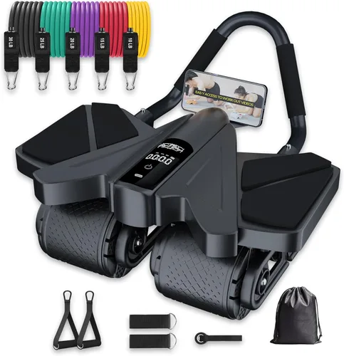 Miniatura 7 de Ab Roller - Equipo de gimnasio en casa – Rodillo muscular de 4 ruedas con pantalla LCD, 5 bandas de resistencia, correas de tobillo, anclaje