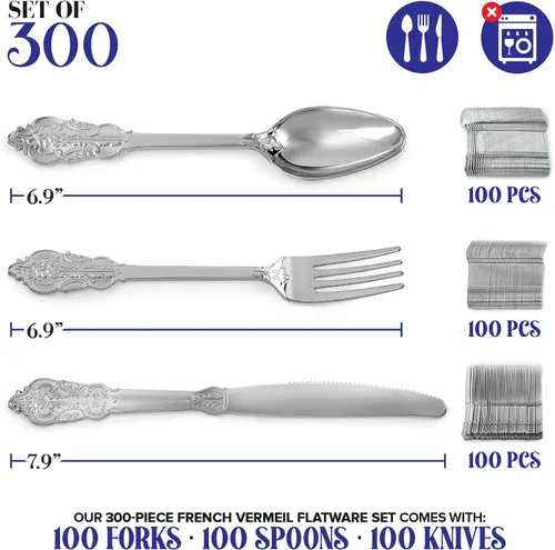 Miniatura 2 de Juego de cubiertos de plástico plateado de 300 piezas, 100 tenedores, 100 cucharas, 100 cuchillos, utensilios desechables resistentes, cubiertos