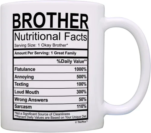 ThisWear Regalos de graduación para hermano, etiqueta de datos nutricionales, regalos divertidos para hermano, regalo de broma, taza de café de