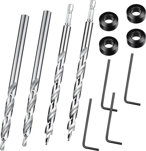 4 piezas de broca de orificio de bolsillo de 3/8 pulgada con collar de tope de profundidad, vástago hexagonal de 1/4 y vástago redondo de repuesto