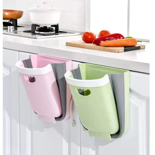 Miniatura 2 de Cubo de basura colgante de cocina, cubo de basura pequeño plegable para puerta de armario de cocina, contenedor de basura de plástico plegable Verde