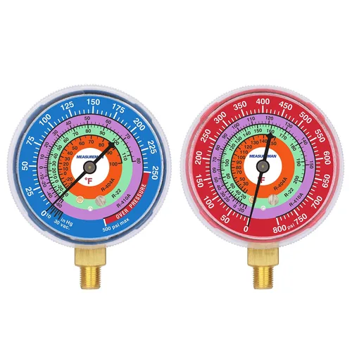 Measureman Medidor de presión de refrigeración, esfera de 2-3/4", esfera azul y esfera roja, montaje inferior NPT de 1/8", 30inHg-0-250psi y kit de