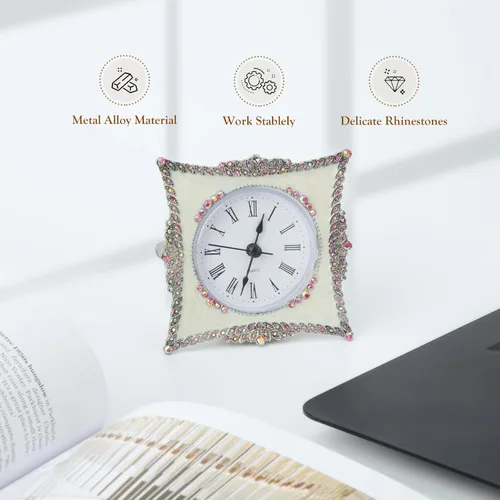 Miniatura 4 de KEYPOWER Reloj de mesa pequeño de cuarzo analógico de escritorio esmaltado con marco decorativo de diamante de cristal, para el hogar, dormitorio