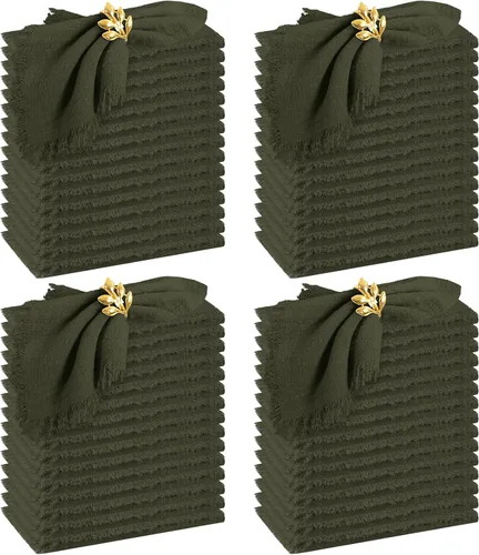 Paquete de 60 servilletas de tela hechas a mano con flecos, servilletas de lino de algodón verde oliva, servilletas de cena de algodón rústico suave