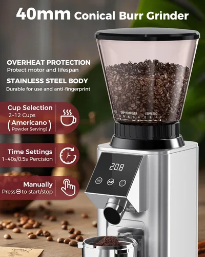 Miniatura 2 de Tuni G1 Molinillo de café con fresas cónicas, 48 ajustes de molienda, molino de fresas antiestático, temporizador electrónico de precisión y Plateado
