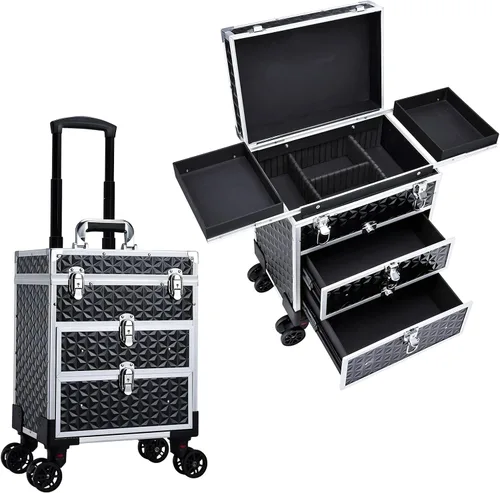 FRENESSA Estuche Profesional Rodante para Maquillaje de Aluminio con Carrito de Tren y Ruedas para Organizador de Cosméticos de Viaje con Cajones
