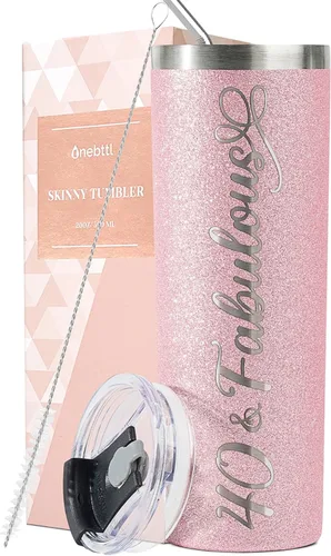 Onebttl Regalos de cumpleaños número 40 para mujeres, mujeres, ella, 40 y fabuloso, vaso aislado de acero inoxidable con purpurina de 20 onzas /
