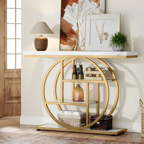 Miniatura 4 de Tribesigns Mesa de Consola de 41.3 pulgadas, Mesa Industrial de 4 Niveles para Sofá de Entrada con Base Circular, Mesas Decorativas de Madera Oro