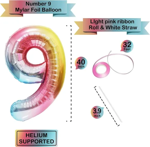 Miniatura 2 de Globos gigantes de 40 pulgadas con el número 9 del arco iris, globos de cumpleaños, globos de aluminio de Mylar de helio para decoraciones