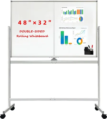 Miniatura 7 de Pizarra blanca móvil de grado industrial de 32 x 48 pulgadas de borrado en seco con soporte rodante con cerradura, pizarra blanca magnética de doble
