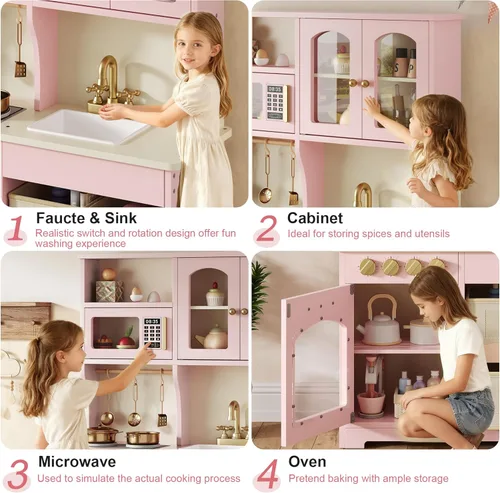 knoworld Cocina de Juguete para Niños, Juego de Cocina de Madera con Almacenamiento Inteligente y Accesorios, Juego de Cocina para Niños Pequeños