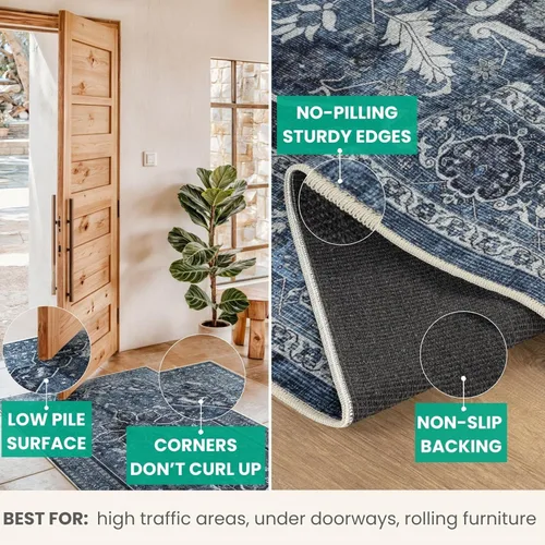 Miniatura 5 de Bloom Rugs Caria Alfombra Lavable Antideslizante de 7 pies - Azul/Carbón Alfombra Tradicional para Entrada, Pasillo, Baño y Cocina - Tamaño Exacto