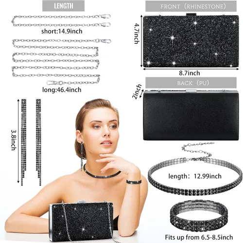 Miniatura 2 de Kigeli 4 Pieces Women Rhinestone Evening Clutch Bag Bling Earring Necklace Bracelet for Wedding Graduation Prom