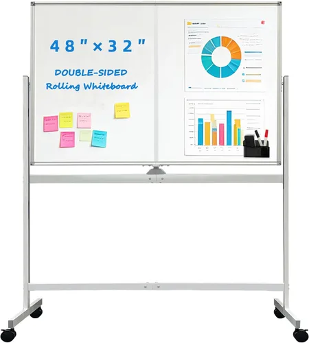 Miniatura 11 de BIBOC Pizarra blanca móvil grande de borrado en seco de 32 x 48 pulgadas con soporte rodante, pizarra blanca ajustable de altura de doble cara