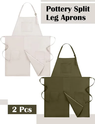 Miniatura 3 de 2 delantales de cerámica ajustables con pierna dividida, delantal de cerámica con 3 bolsillos, para mujeres y hombres, rueda de cerámica para beige