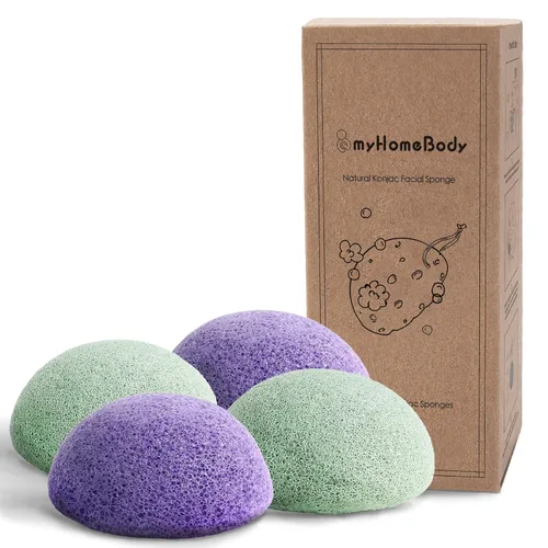 Miniatura 12 de myHomeBody Esponjas faciales naturales de Konjac - para una limpieza y exfoliación facial suave - con carbón activado y aloe vera, juego de 4