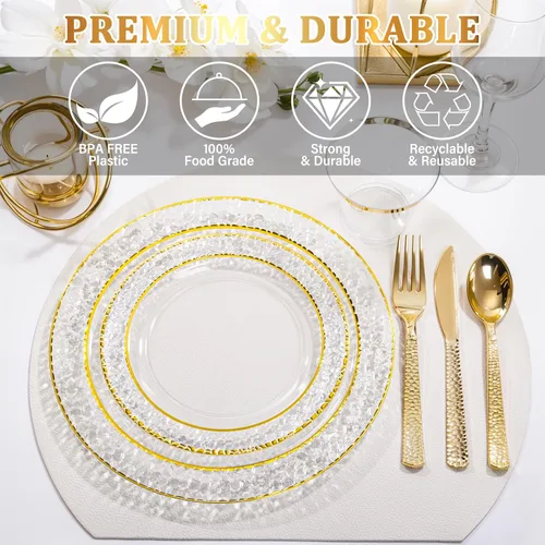 Miniatura 6 de Nervure 150 piezas de platos de plástico transparente con cubiertos martillados dorados que incluyen 25 platos de cena, 25 platos de postre, 25