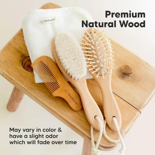 Miniatura 7 de Cepillo de madera para cabello de bebé para niñas y niños, cepillo para cuna, peine de bebé recién nacido, peine de cerdas de cabra suaves para Nogal
